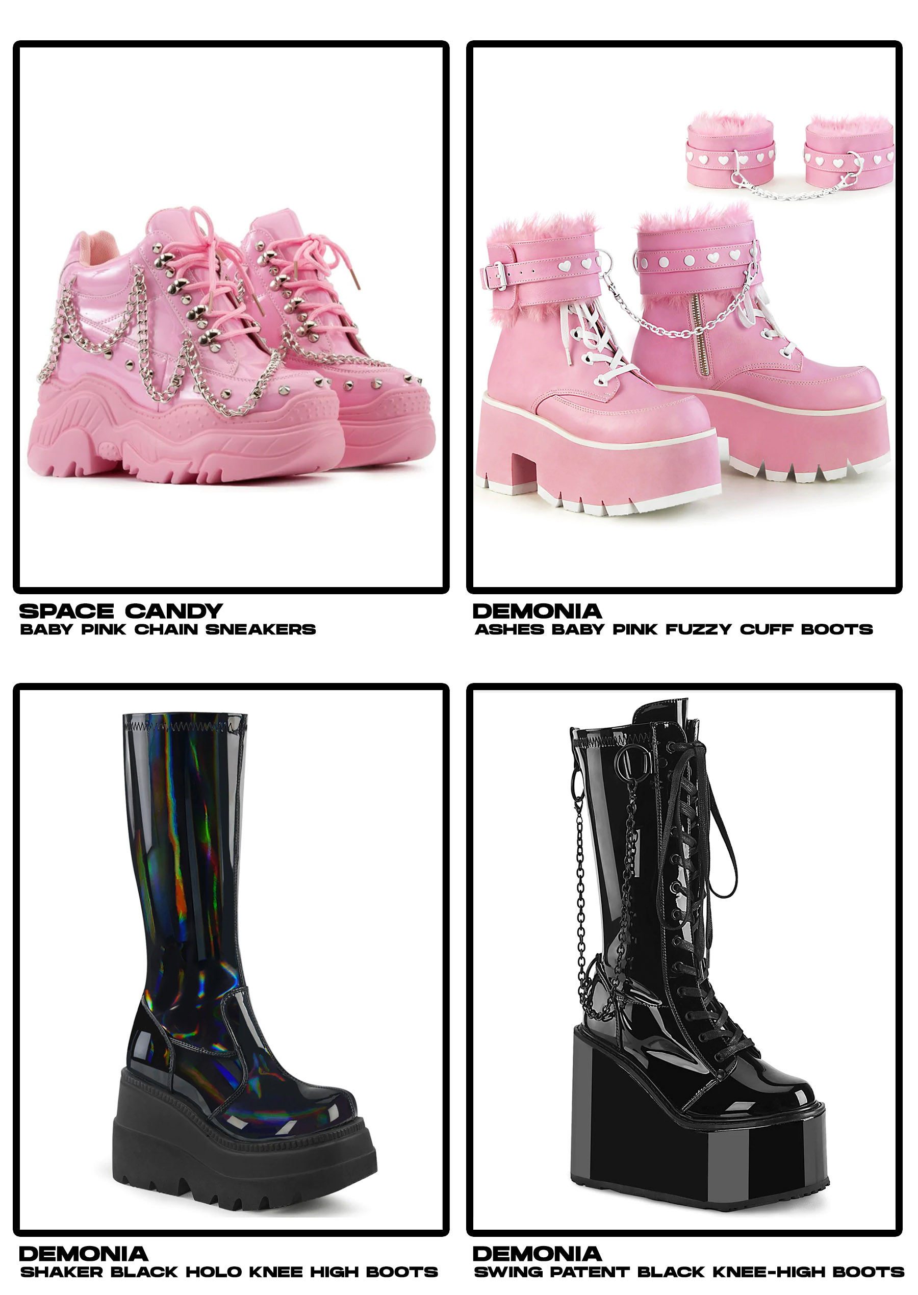  SPACE CANDY DEMONIA BABY PINK CHAIN SNEAKERS ASHES BABY PINK FUZZY CUFF BOOTS DEMONIA DEMONIA SHAKER BLACK HOLO KNEE HIGH BOOTS SWING PATENT BLACK KNEE-HIGH BOOTS 